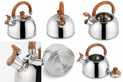 Caldera de Acero Inoxidable 2.5L con Silbato y Asa Fría Tipo Madera