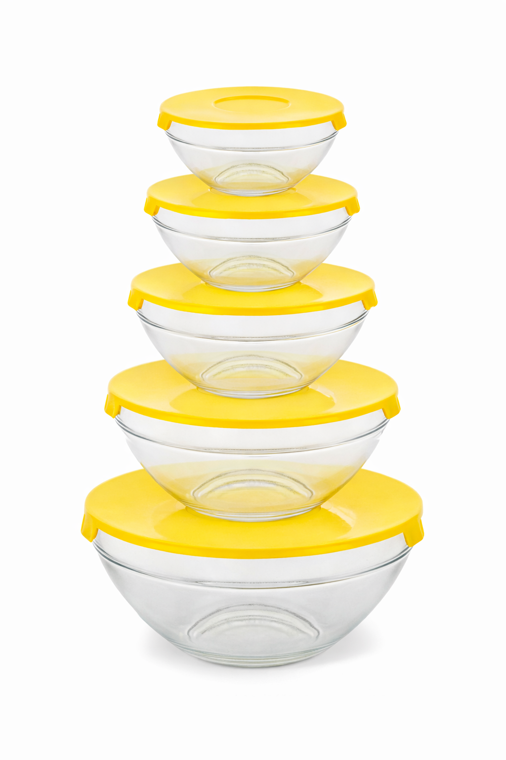 Bowl de vidrio con tapa de plastico x5 tamaños